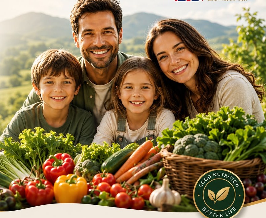 A happy family with a fresh harvest of vegetables in the British countryside
