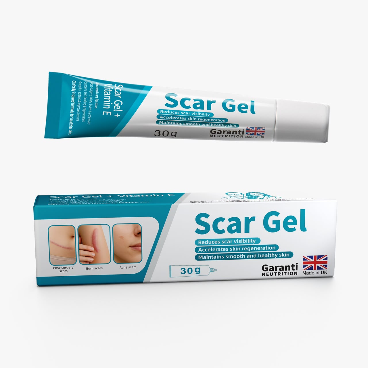 Scar Gel with Vitamin E carton and tube detail